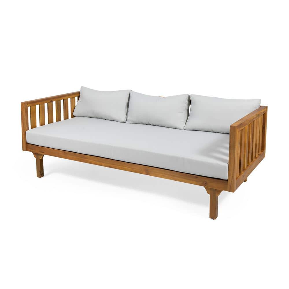 Teak Brown Acacia Wood Daybed with Light Gray Cushions