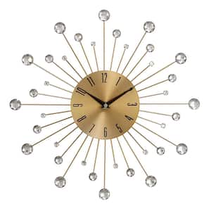 Gold Metal Starburst Analog Wall Clock with Crystal Accents