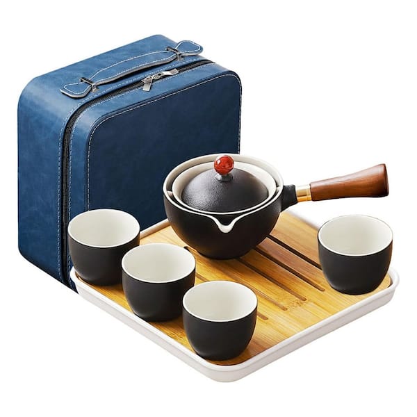 Portable Chinese Gongfu Tea Set with 360° Rotating Teapot Infuser Travel Leather Bag 1 Set