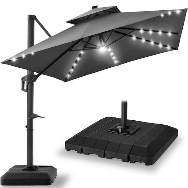 Best Choice Products 10 ft. Solar LED 2-Tier Square Cantilever Patio Umbrella with Base Included in Gray