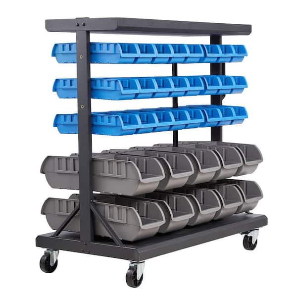 5-Tier Double-Sided Rolling Bin Storage Rack, Mobile Tool Organizer, 68-Plastic Bins, Dual-Sided Parts Rack, 2025 Update