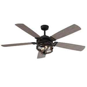 Bellwood 54 in. Matte Black and Rustic Oak Farmhouse Outdoor Ceiling Fan with Light Kit and Remote
