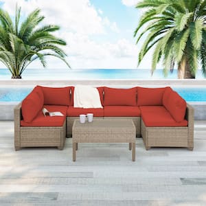 Maui 7-Piece Wicker Patio Conversation Set with Crimson Cushions