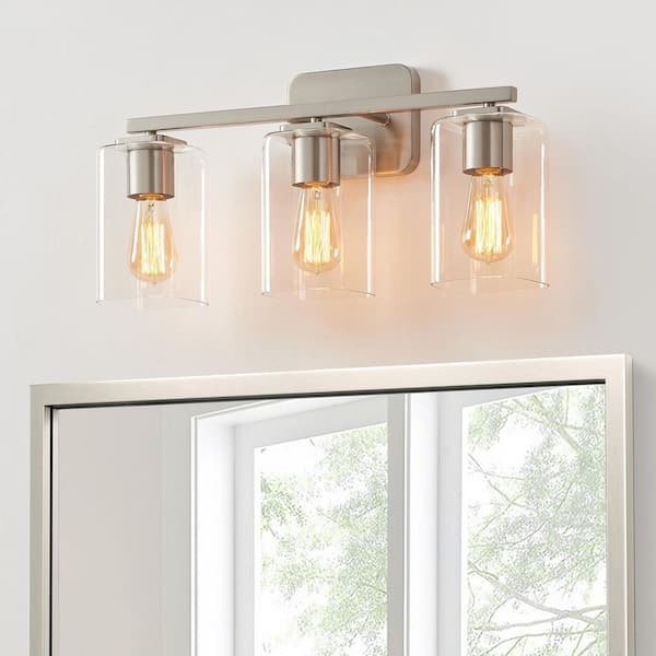 21 in. 3-Light Brushed Nickel Clemmon Vanity Light with Square Glass Shade