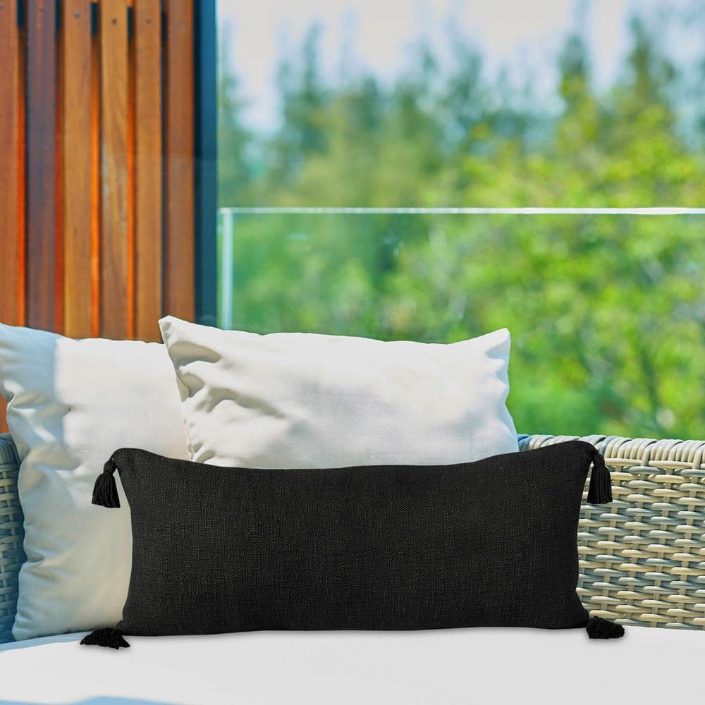 Unique Black 14 in. x 36 in. Neutral Solid Cotton Lumbar Indoor Throw Pillo