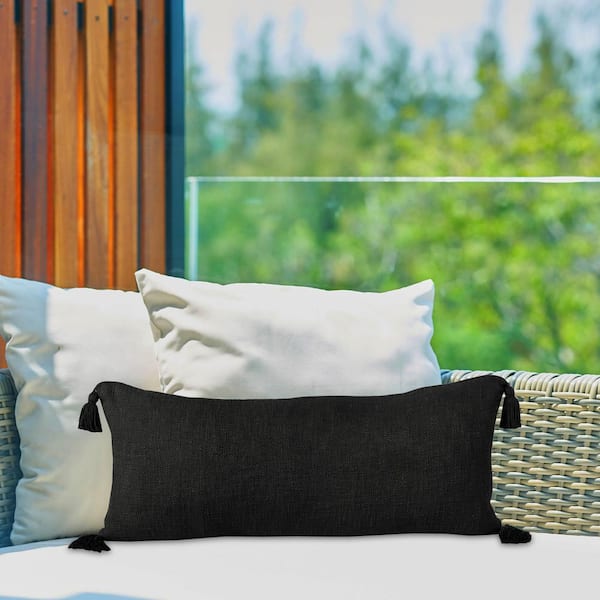 Unbranded Unique Black 14 in. x 36 in. Neutral Solid Cotton Lumbar Indoor Throw Pillow with Tassels