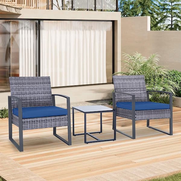 Unbranded 3-Piece Grey Rattan Wicker Patio Outdoor Bistro Set with Blue Cushions, 2-Chairs and 1-Tempered Glass Table