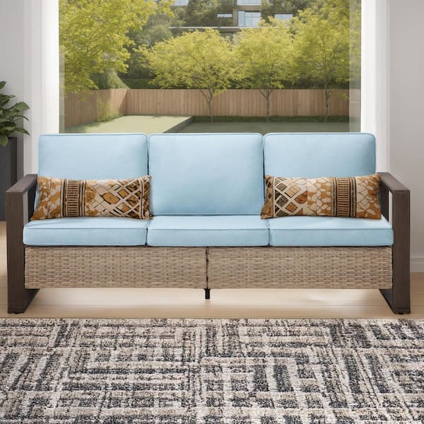 Unbranded 3-Seat Wicker Outdoor Sectional Set with Light Blue Cushions for Garden Backyard