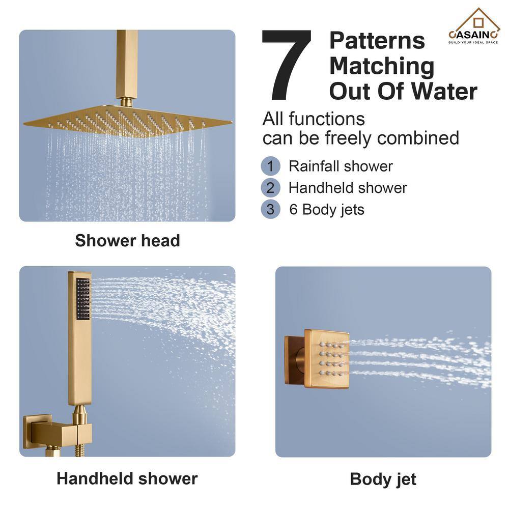 Brushed Gold 12" Stainless Steel Ceiling Mounted Shower System with 6 Body Jets