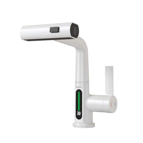 PERLIRIA INC Single Handle Lift LED Temperature Digital Display Bathroom Faucet, Single Hole Faucet with Pull Out Sprayer in White