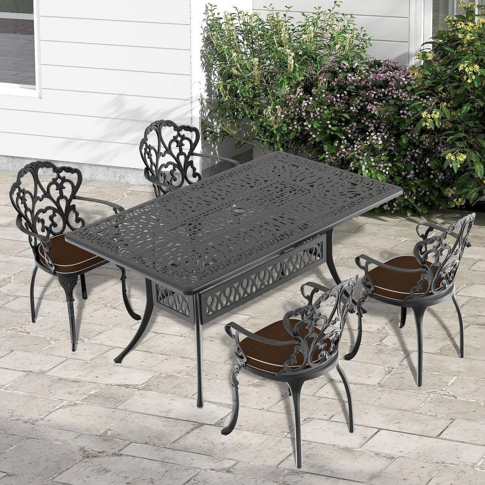 5-Piece Metal Cast Aluminum Outdoor Dining Table and Chairs Patio Furniture