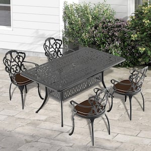 5-Piece Metal Cast Aluminum Outdoor Dining Table and Chairs Patio Furniture Set with Cushions, Random Colors