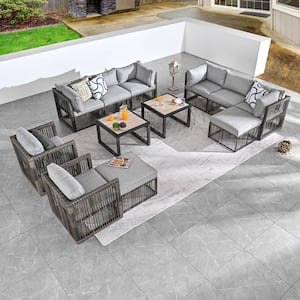 12-Piece Wicker Patio Conversation Deep Seating Set with Gray Cushions