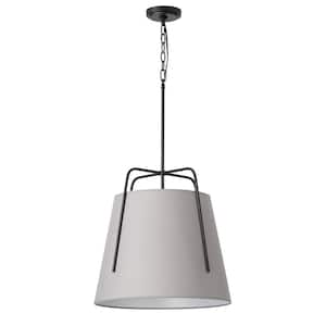 1-Light 19 in. Modern Cone Black Pendant Light Fixture Adjustable Hanging Light with Fabric Drum Shade