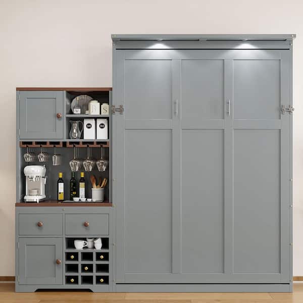 Gray Wood Frame Queen Size Murphy Bed with Storage Cabinet, Wine Rack, Glass Holder, Drawers and Multi-Color Led Strip