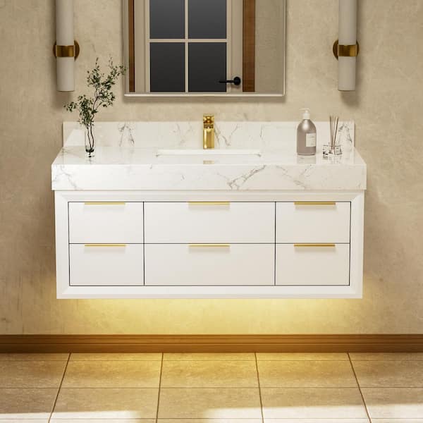 Solidoak 48 in. W x 20.9 in. D x 21.3 in. H Single Sink Bath Vanity in White with White Cultured Marble Top, night light