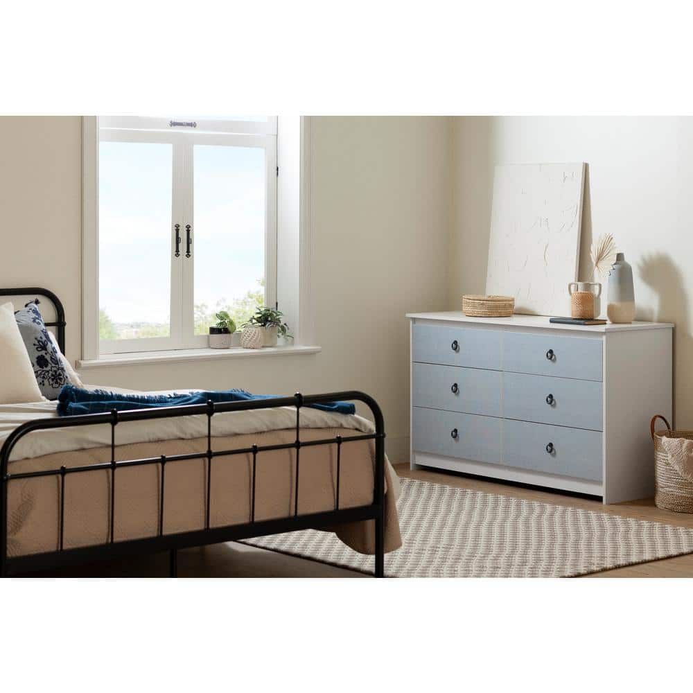 White and Blue Double 6-Drawer Dresser with Metal Handles