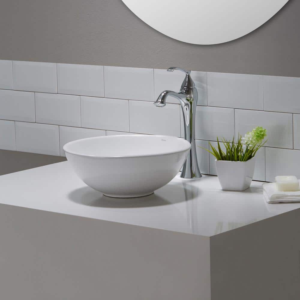 Elavo White Ceramic Round Vessel Bathroom Sink, 13 3/4 in