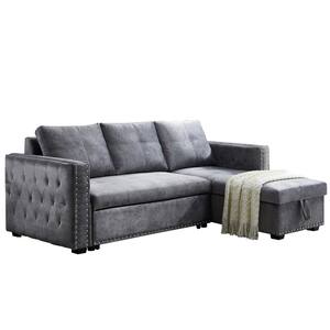 91 in. Gray Velvet Reversible Sleeper 3-Seat Sectional Sofa Corner Full Sofa Bed with Storage Square Arm Nailheaded