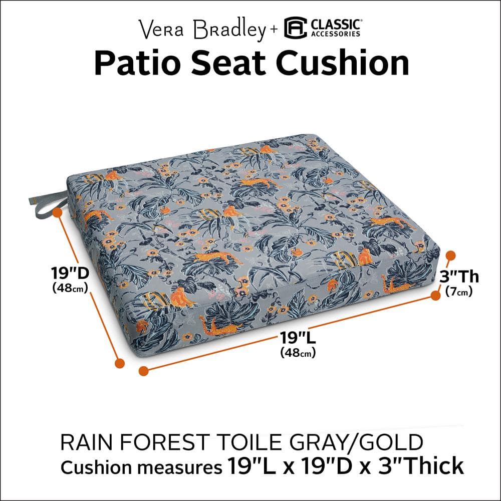 Vera Bradley 19 in. L x 19 in. W x 3 in. Thick Outdoor Patio Dining Seat Cushion in Rain Forest Toile Gray/Gold