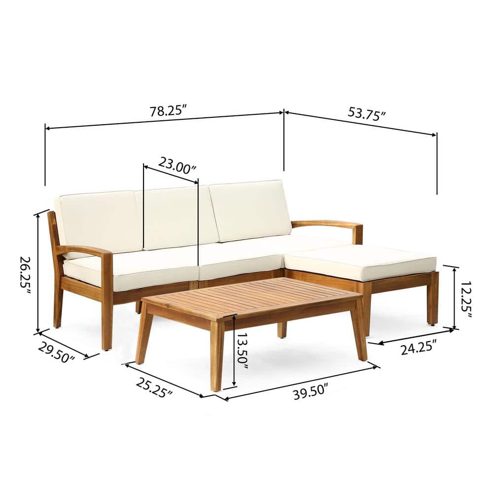 Large Light Brown Acacia Wood Outdoor Sectional Sofa with Beige Cushions
