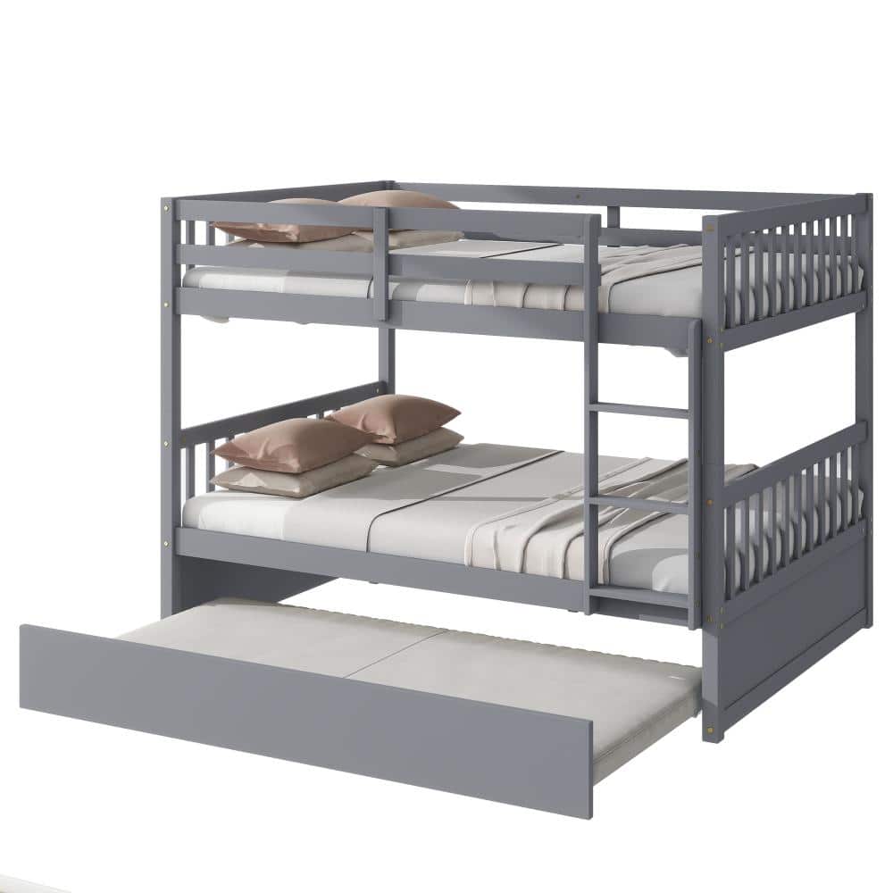 Grey Full Over Full Rubber Wood Bunk Bed with Trundle, Ladder and Guardrails, Convertible to 2 Beds price history on PriceWatchPro