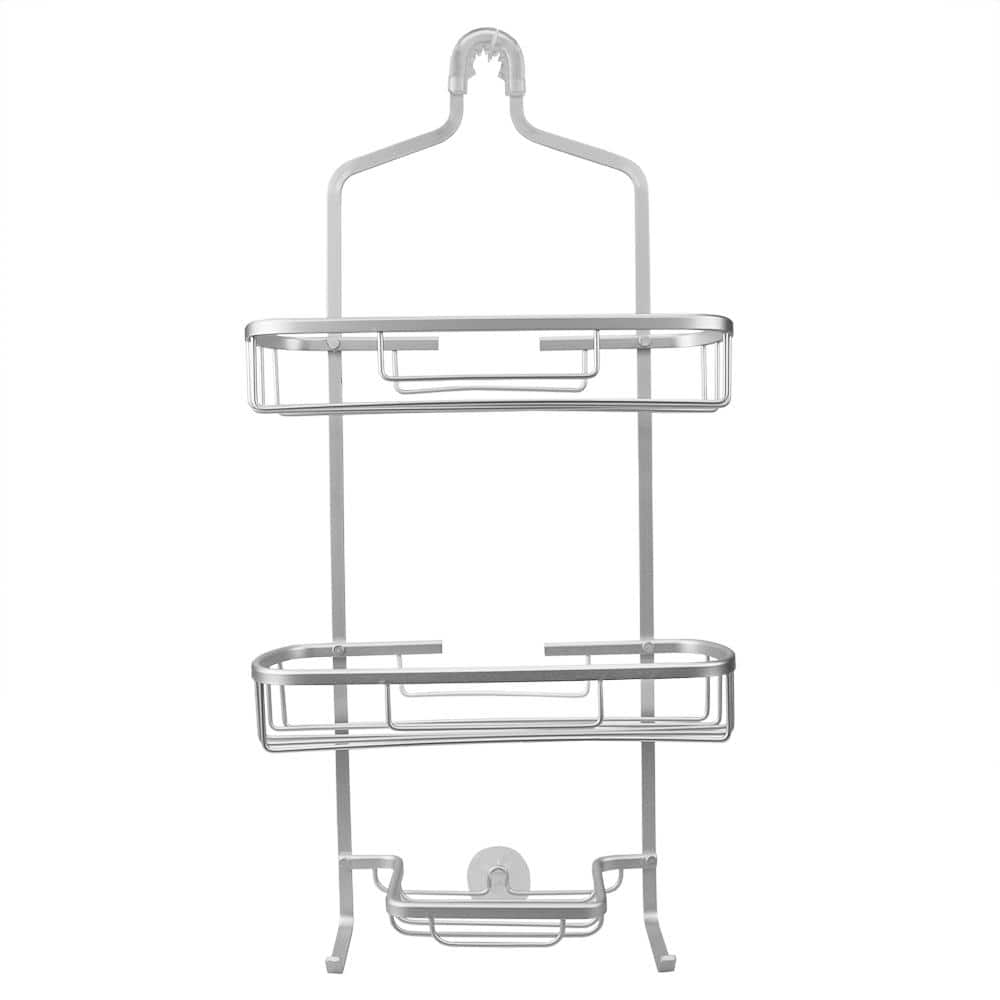 Home Basics 2 Tier Multi-Compartment Aluminum Shower Caddy with Soap Tray  and Integrated Hooks, Gold, SHOWER