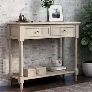 36 in. Rectangle Retro Grey Wood Console Table with 2-Drawers and Bottom Shelf