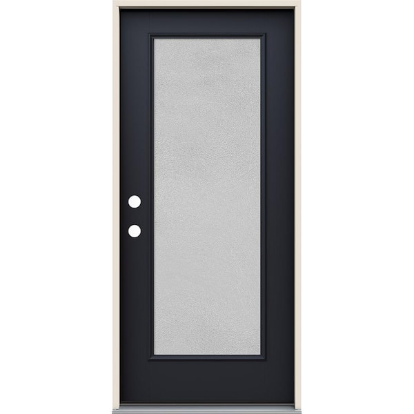 JELD-WEN 36 in. x 80 in. Right-Hand 1 Lite Micro-Granite Frosted Glass Black Paint Fiberglass Prehung Front Door