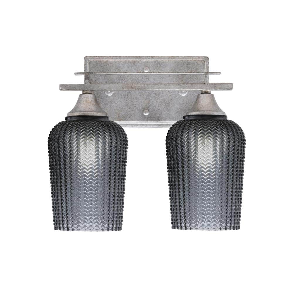 Ontario 12.25 in. 2-Light Vanity Light Aged Silver Smoke Textured Glass Sha