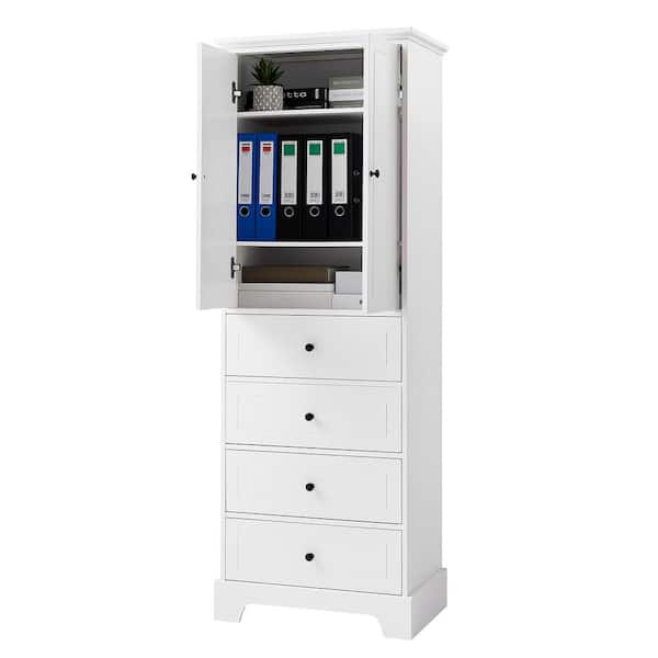 grossag 23.6 in. W x 15.7 in. D x 68.1 in. H White MDF Freestanding Linen Cabinet with 2-Doors, 4-Drawers and Adjustable Shelf