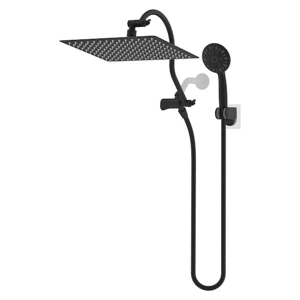 Hibbent High Pressure 7-Spray 12 in. Dual Wall Mount Fixed and Handheld Shower Head 1.8 GPM in Matte Black Finish