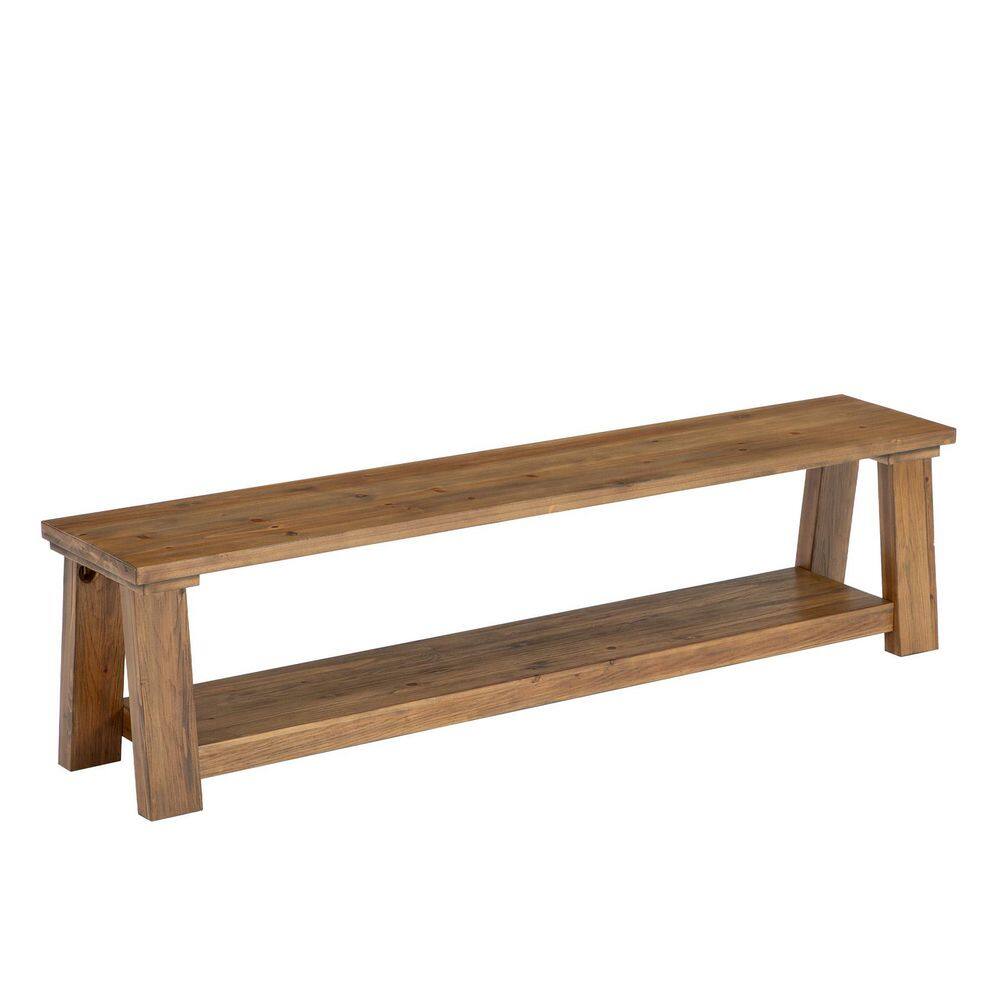 Brown 70.87 in. Solid Wood Extra Long Eentryway Bench with Storage Shelf, Farmhouse Shoe Storage Bench, Bed Bench