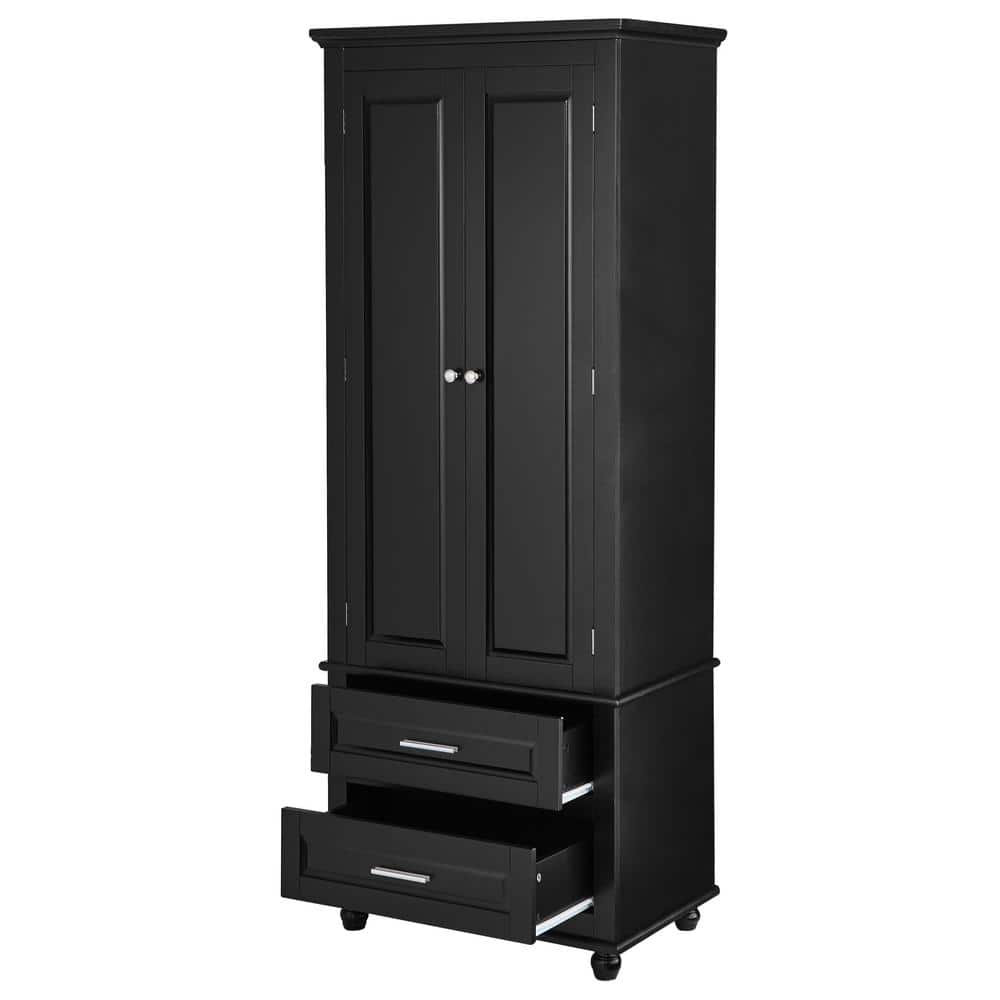Black 63 in. H Tall Storage Cabinet with Two Drawers for Bathroom or Office