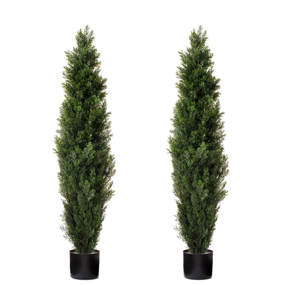 FOREVER LEAF 48 in. Artificial Cedar Topiary Trees in Black Planter ...