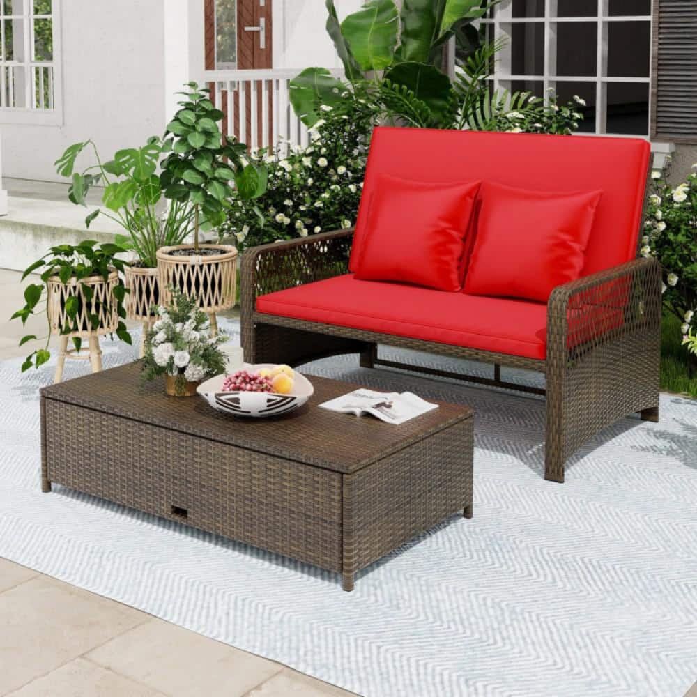 Red Adjustable Rattan Loveseat with Multifunctional Ottoman
