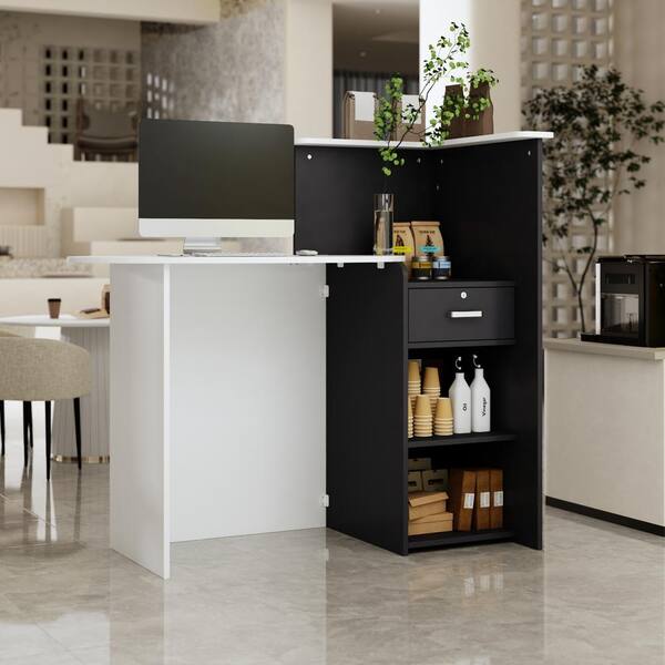 FUFU&GAGA 47.7 in. W Rectangle White and Black Wooden 1-Drawer Computer Desk, Writing Desk with 3-Shelf and Oval Desktop