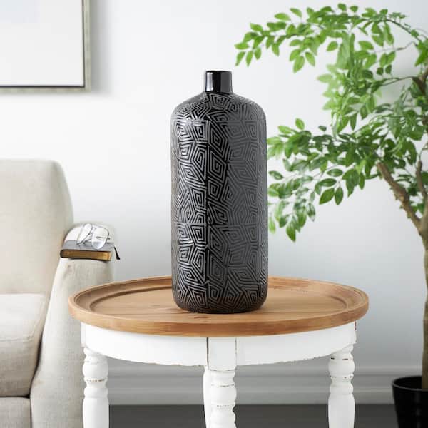 Litton Lane 19 in. Black Ceramic Decorative Vase with Geometric Etchings