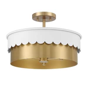16 in. 3-Light White and Natural Brass Semi-Flush Mount