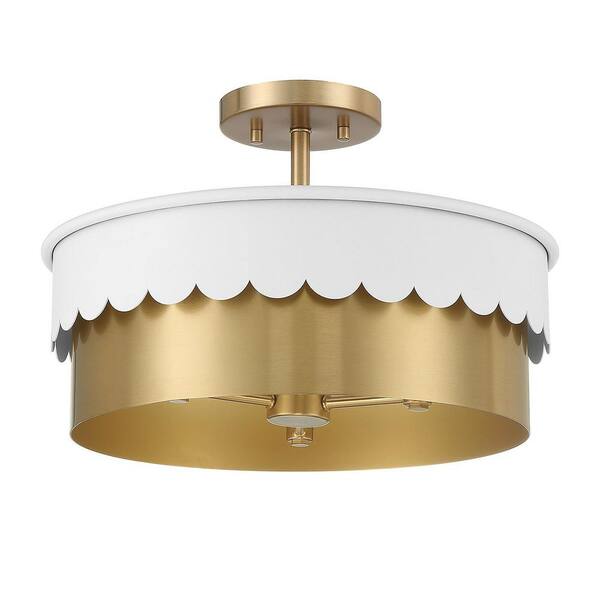 TUXEDO PARK LIGHTING 16 in. W x 10.5 in. H, 3-Light White and Natural Brass Semi-Flush Mount