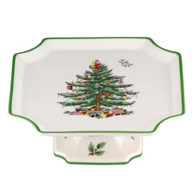 Christmas Tree 6.5 in. 1- Tier White Ceramic Footed Square Cake Stand