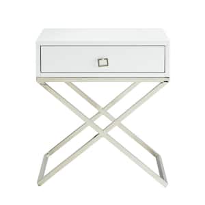 Laila Square Lacquered White/Chrome Metal X-Leg Nightstand