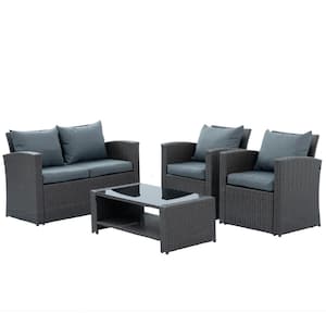 4-Pieces Wicker Patio Conversation Sofa Set with Dark Gray Cushions PE rattan with Glass Coffee Table for Garden