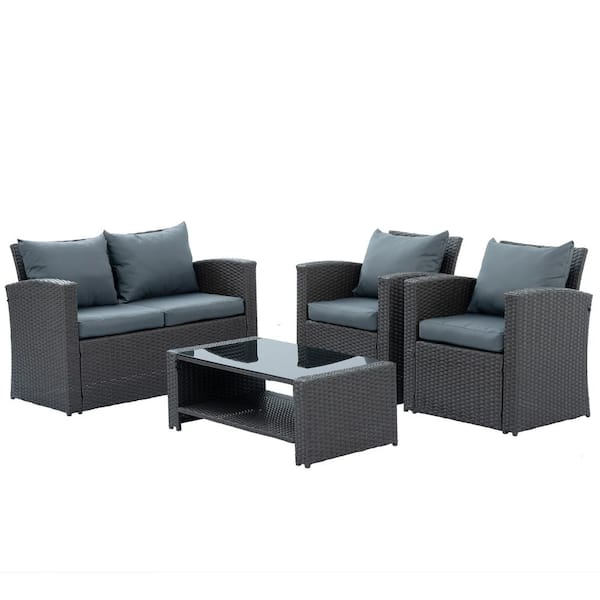 Unbranded 4-Pieces Wicker Patio Conversation Sofa Set with Dark Gray Cushions PE rattan with Glass Coffee Table for Garden