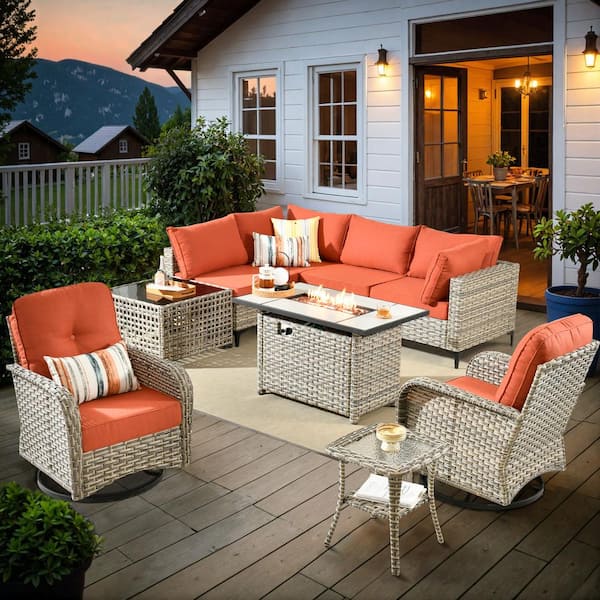 OVIOS Vinceny Gray 9-Piece Wicker Patio Rectangle Fire Pit Furniture Set with Bold-stripe Orange Cushions and Swivel Chairs
