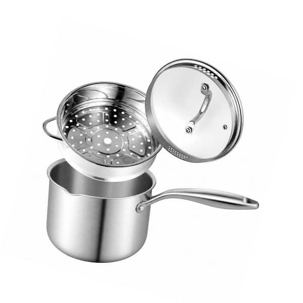 3-Piece 2.5 qt. Stainless Steel Sauce Pan with Steamer Basket, Multipurpose Sauce Pot with 2-Size Drainage Holes Lid