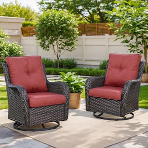 Brown Swivel Glider Wicker Outdoor Rocking Chair with Red Cushions (2-Pack)