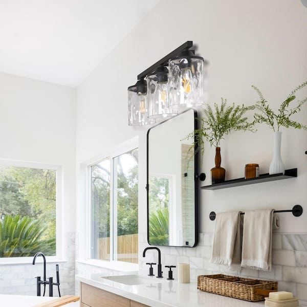 24 in. 3-Light Matte Black Modern Vanity Light with Clear Glass Shade, Dimmable Damp Rated for Bathroom or Mirror