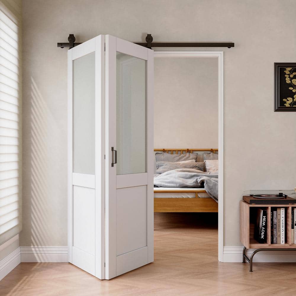 60 in. x 80 in. 1/2 Lite Tempered Frosted Glass White Primed Bifold Sliding Barn Door with Hardware Kit price history on PriceWatchPro