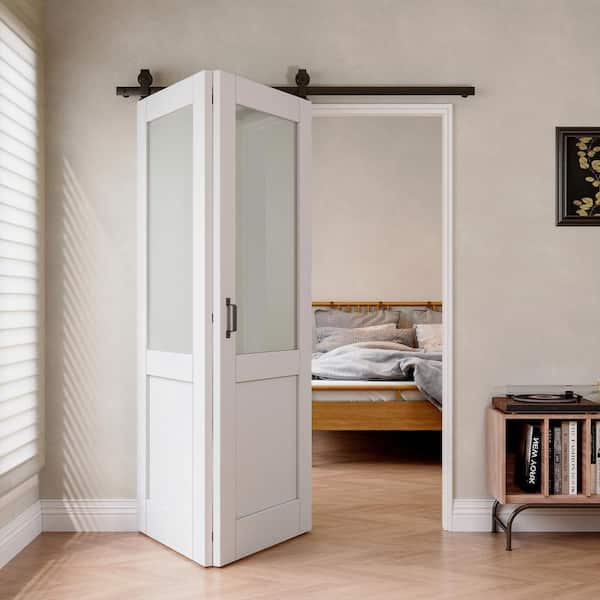 ARK DESIGN 60 in. x 80 in. 1/2 Lite Tempered Frosted Glass White Primed Bifold Sliding Barn Door with Hardware Kit